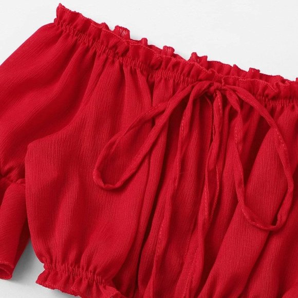 NEW Red Tassel Drawstring Off Shoulder Crop Top XL - Picture 5 of 6